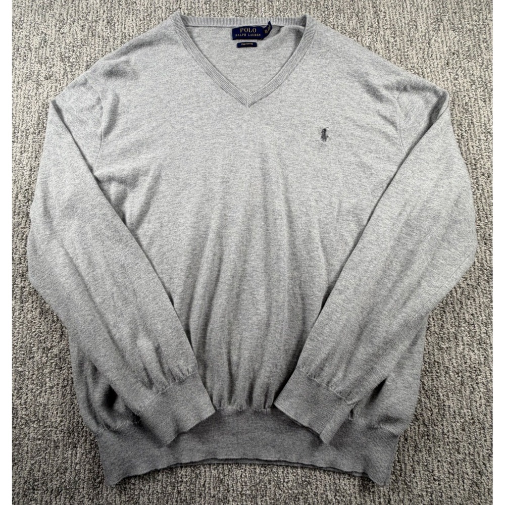 Polo Ralph Lauren Sweater Mens XL Gray Pima Cotton V-Neck Pony Logo Knit
